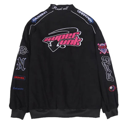 Retro Racing Jacket Women Men Embroidery Bomber Varsity Jackets Unisex Loose Motorcycle Baseball Coat Streetwear Outwear New