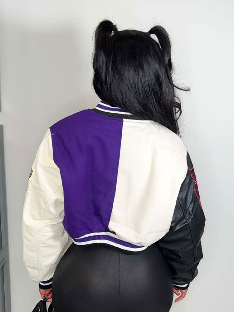 Women Splicing Color Contrast Short Jackets Female Y2K Single Breasted Baseball Coat Cropped 2023 Spring Streetwear Jackets