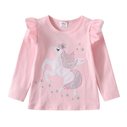 Kids Unicorn Cartoon T Shirt Girls Clothes Long Sleeve Tee Spring Casual Wear Tops Toddlers Pink Tees Children Clothing