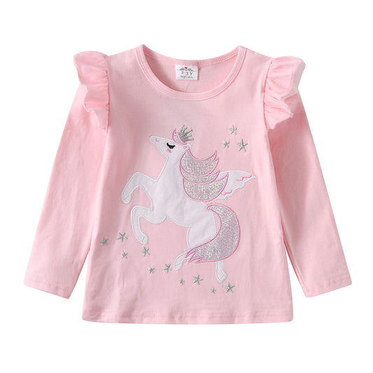 Kids Unicorn Cartoon T Shirt Girls Clothes Long Sleeve Tee Spring Casual Wear Tops Toddlers Pink Tees Children Clothing
