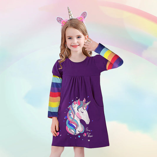 Kids Dress for Girls Autumn Winter Long Sleeve Cotton Dress Rainbow Unicorn Cartoon Print Casual Wear Children Clothes