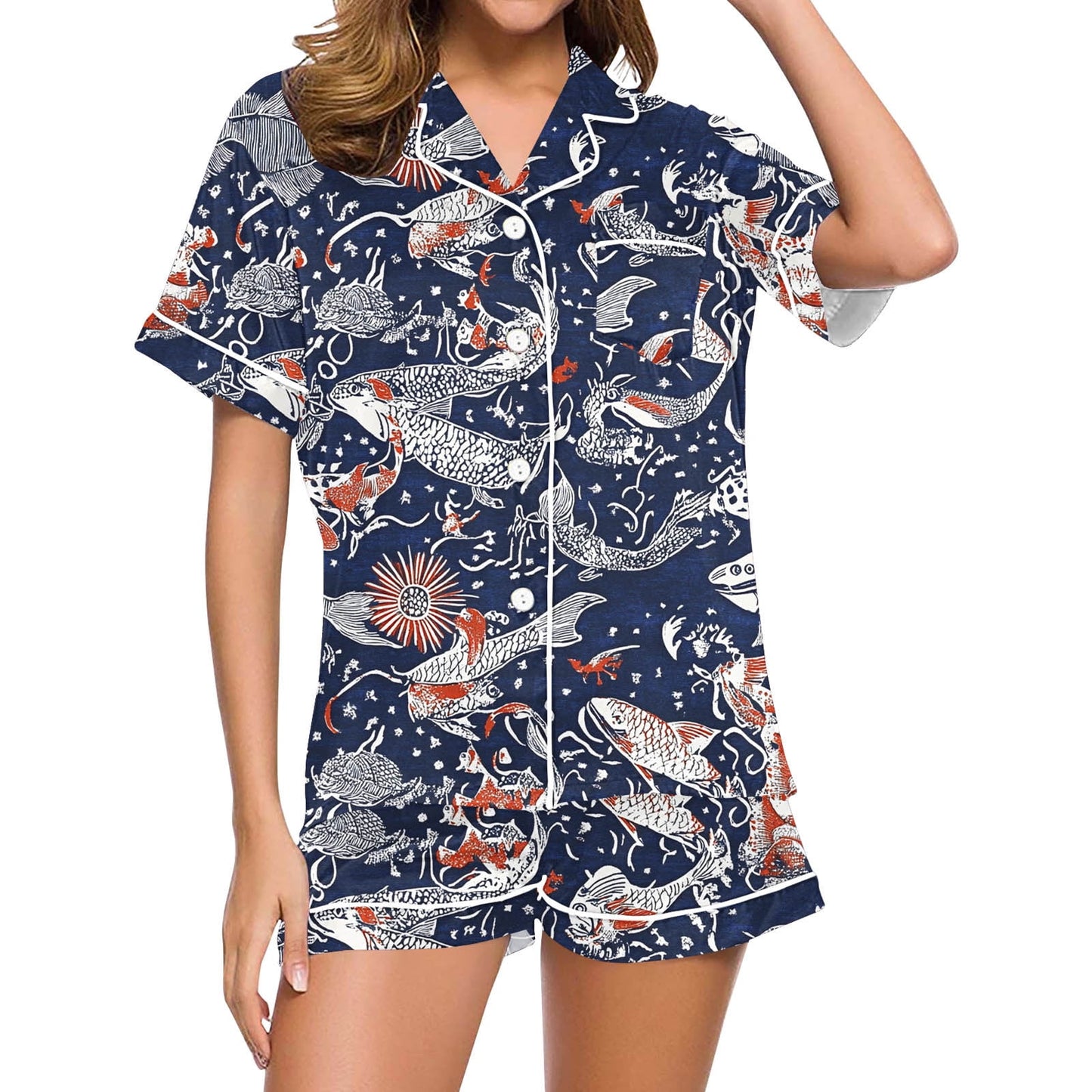 Simua Button Dowm Pajamas for Women, Women's Fashionable Print Short Sleeved Lapel Shirts with Shorts Summer Soft Home Wear Set, Size S-XXL