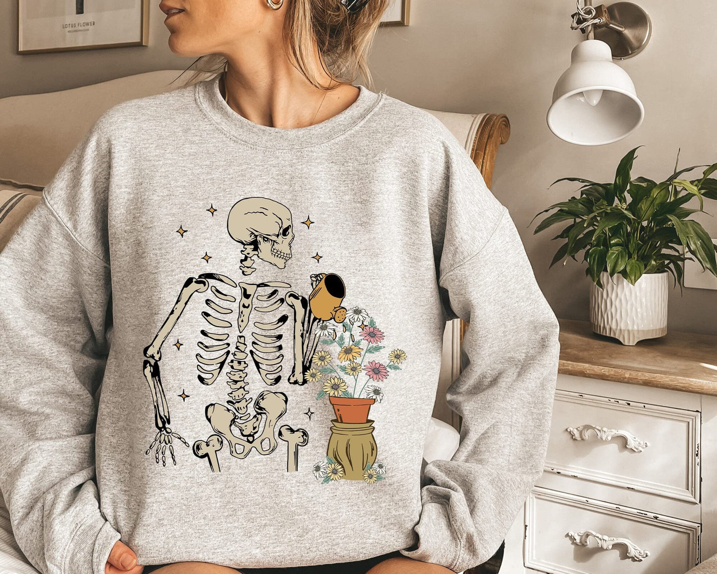 Skeleton Watering Flowers Crewneck Sweatshirt, Cute Gardening Shirt for Plant Lovers, Skeleton Graphic Sweathirt, Plant Gift,Plant Lover Mom