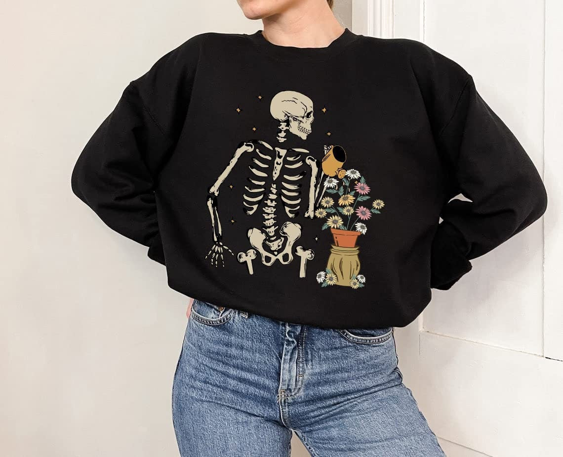 Skeleton Watering Flowers Crewneck Sweatshirt, Cute Gardening Shirt for Plant Lovers, Skeleton Graphic Sweathirt, Plant Gift,Plant Lover Mom