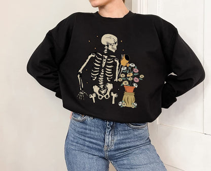 Skeleton Watering Flowers Crewneck Sweatshirt, Cute Gardening Shirt for Plant Lovers, Skeleton Graphic Sweathirt, Plant Gift,Plant Lover Mom