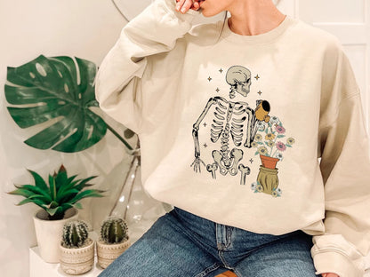 Skeleton Watering Flowers Crewneck Sweatshirt, Cute Gardening Shirt for Plant Lovers, Skeleton Graphic Sweathirt, Plant Gift,Plant Lover Mom