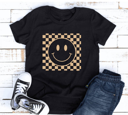 Smiley Face Checkered Kids Shirt I Trendy Toddler Boy , girl Shirts, Kids Retro Graphic Tees, Cute Toddler Girl Shirt, Smiley Face kid shirt