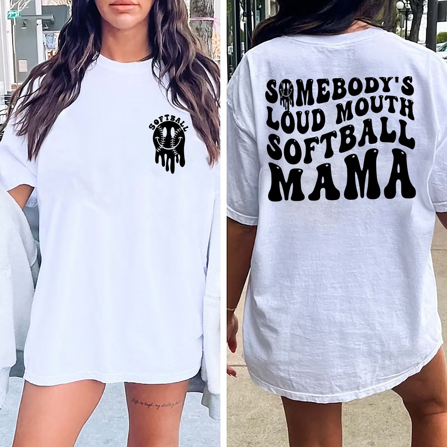 Somebody's Loud Mouth Softball Mama Melting Smile Shirt, Front and Back Mama Shirt, Somebody's Loud, Softball Shirt, Softball Mama Shirt