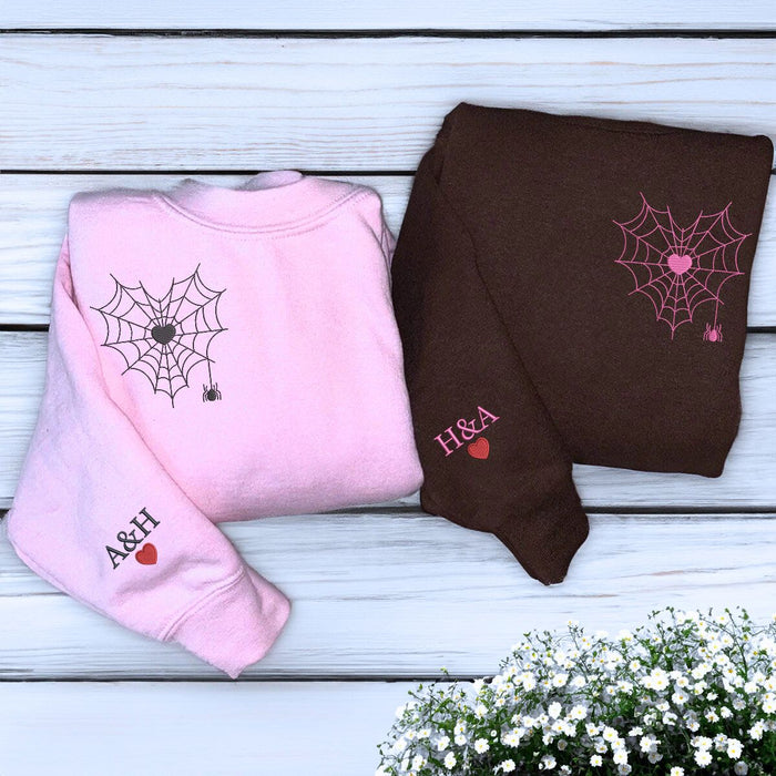 Spider Web Heart Hoodie or Sweatshirt, Custom Embroidered Valentine's Day Gifts for New Couples