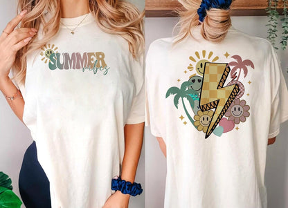Summer Tee, Fun Summer Vibes in Sunglasses, Summer with Palm Trees Design on premium unisex shirt, 4 color choices, 3x summer, 4x summer tee
