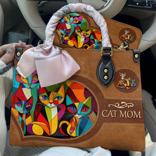 Leather Bag Colorful Cubism Cat Mom
