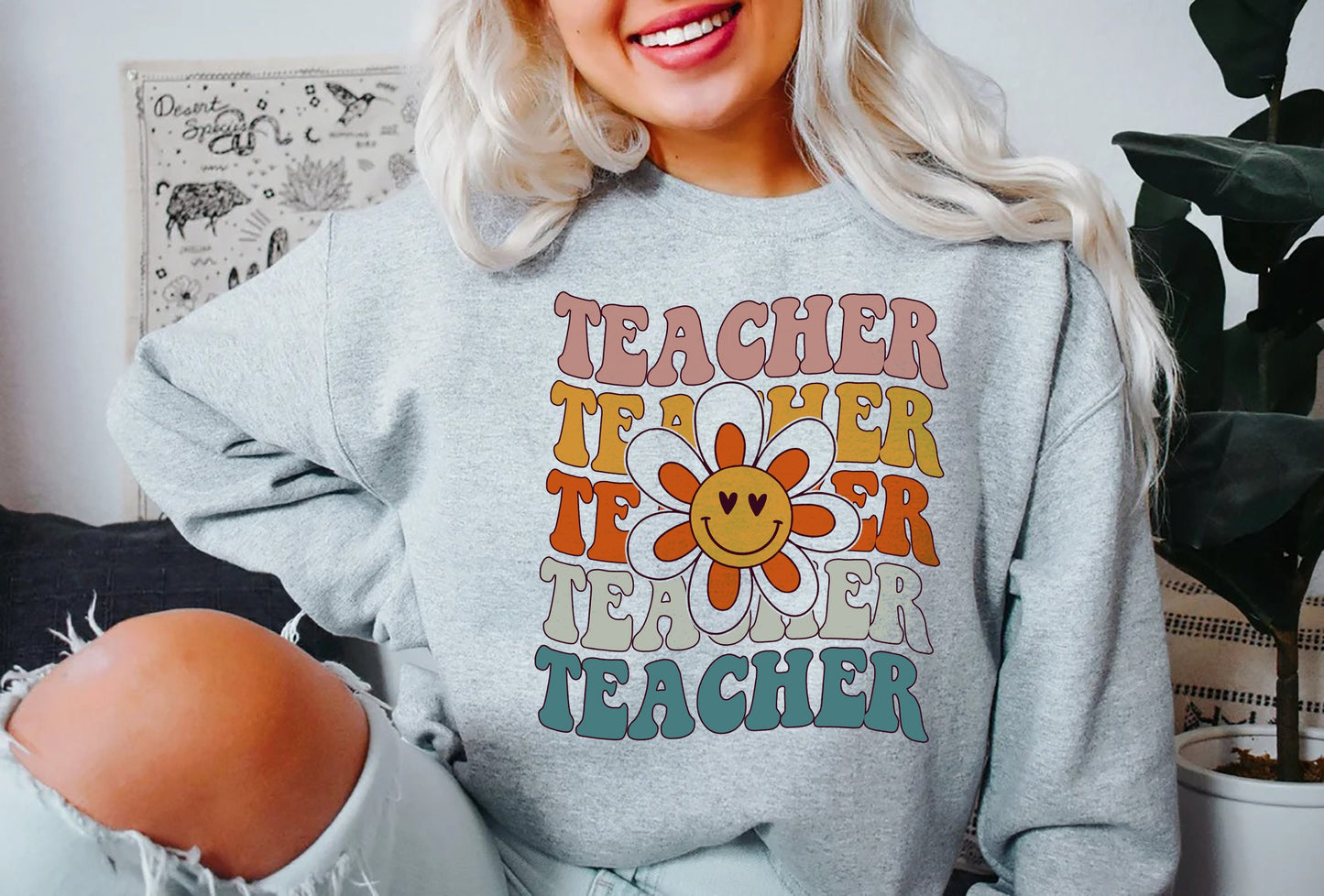Teacher Retro Sweatshirt, Teacher Shirt, Teacher Smile Face Shirt, Funny Teacher Shirt, Teacher Gifts, Elementary School Teacher gift