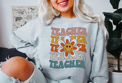 Teacher Retro Sweatshirt, Teacher Shirt, Teacher Smile Face Shirt, Funny Teacher Shirt, Teacher Gifts, Elementary School Teacher gift