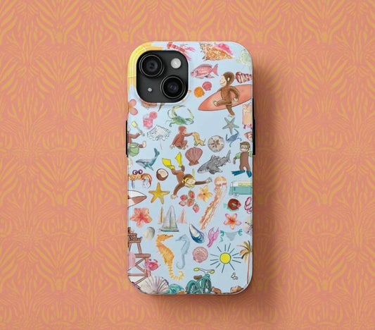 Tough Phone Cases featuring Curious George tropical beach vibes, Protective Phone Covers, Durable Phone Accessories, Cute Monkey Phone