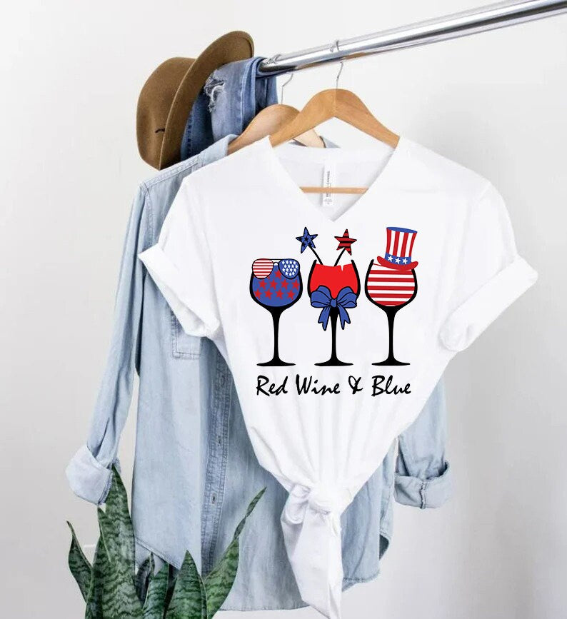 Trendy Shirt, Red Wine & Blue 4th of July wine Red White Blue Wine Glasses Shirt, Patriotic Wine Glasses Shirt, Independence Day Shirt