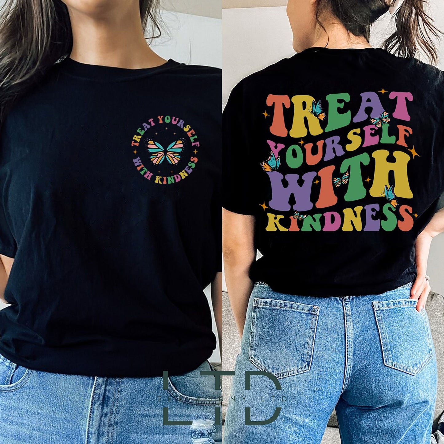 Trendy Treat Yourself With Kindness Shirt, Retro Kindness Crewneck Shirt, Inspirational Quotes Shirt Gifts, Floral Butterfly Graphic Tee
