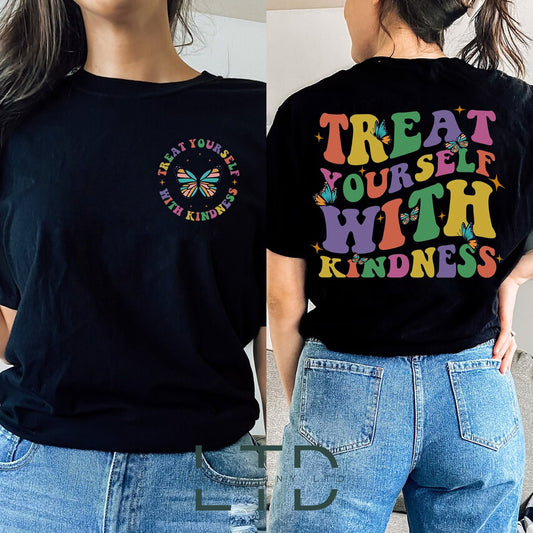 Trendy Treat Yourself With Kindness Shirt, Retro Kindness Crewneck Shirt, Inspirational Quotes Shirt Gifts, Floral Butterfly Graphic Tee