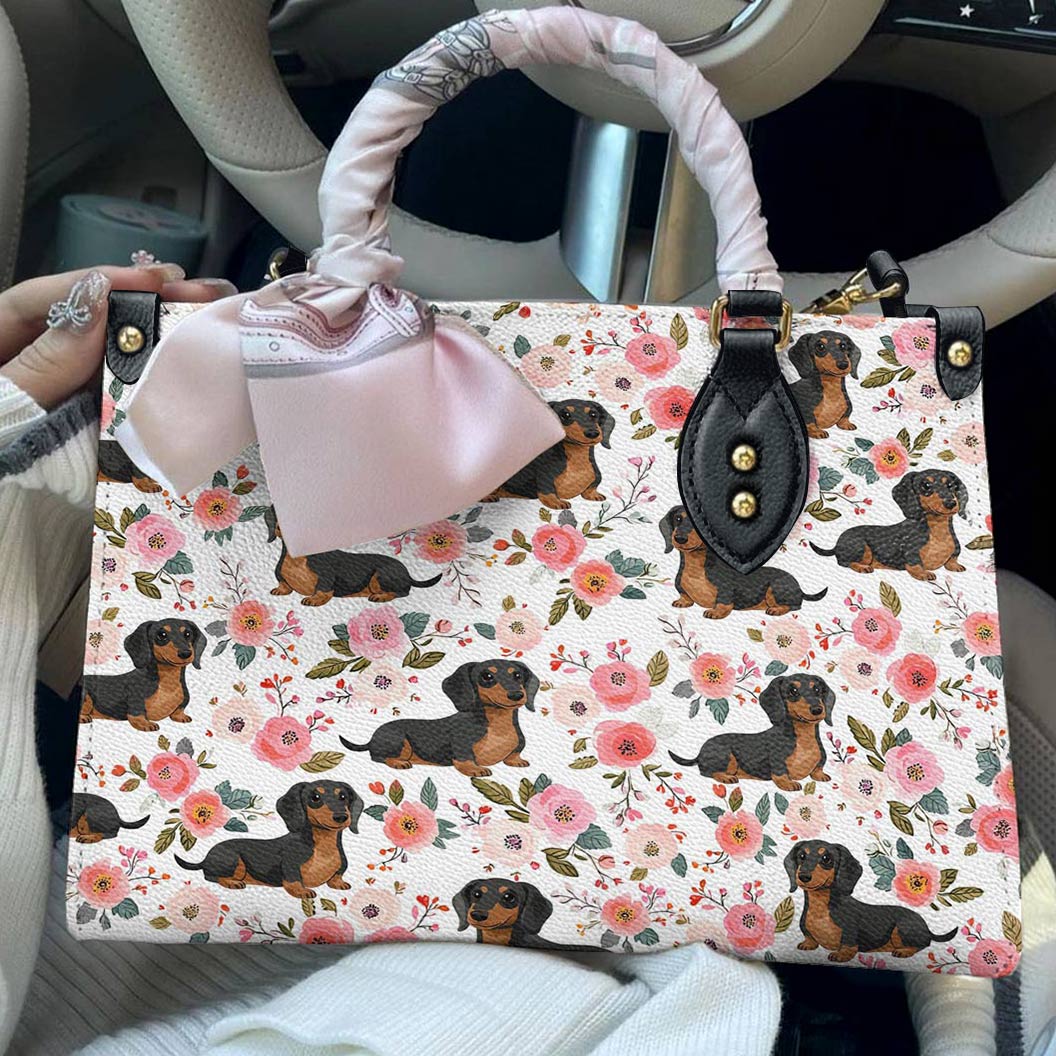 Leather Bag Charming Floral Dachshund