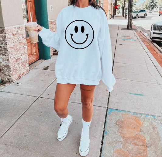 Vintage Look Smile Face Crewneck Sweatshirt, Retro Smile Hoodies, Smile Graphic Sweatshirt, Positivity Tee, Be Happy gift sweatshirt