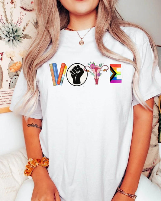 Vote Shirt, Activist Voting Women's Tshirt, LGBTQIA Progress Banned Books Reproductive Rights Election Tee,Political Roe v Wade Feminist tee