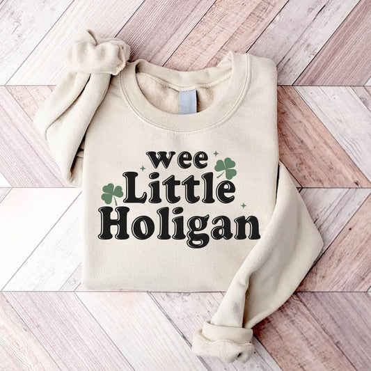 Wee Little Hooligan Kid Sweatshirt - St Patrick's Day Kids Pullover - Vintage Natural Crew Neck