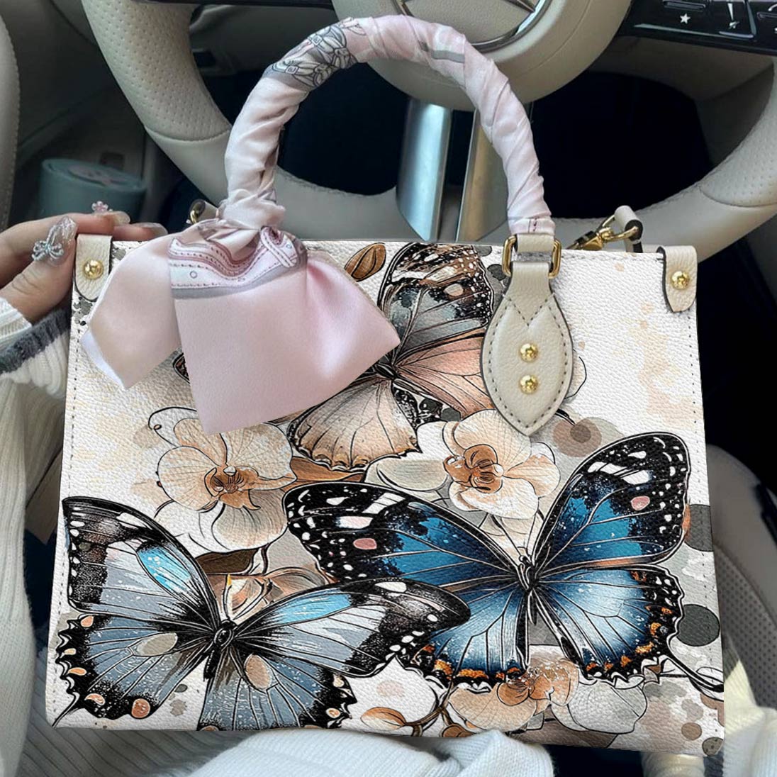 Leather Bag Charming Orchid Butterflies