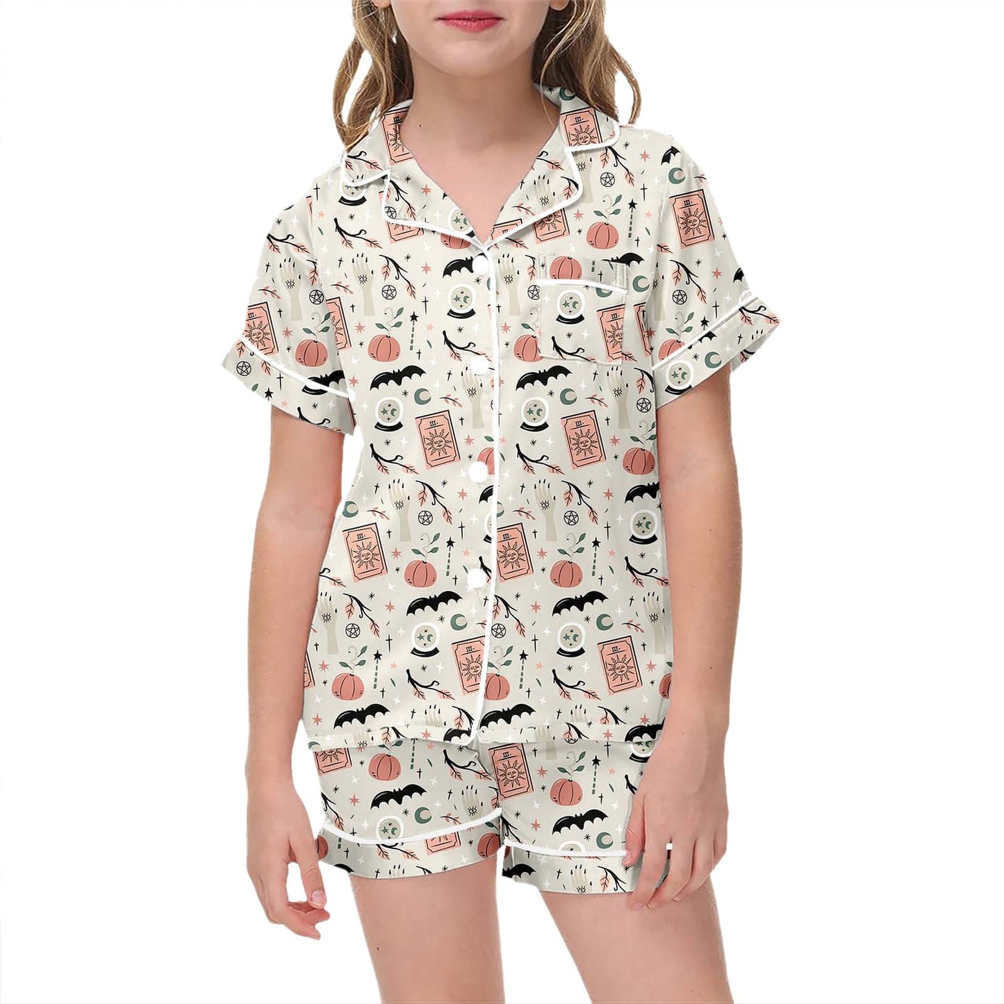 Weebloom Toddler Girl Pajamas Halloween 2 Piece With Lapel Collar Home Kids Age 2-13 Year Round Casual Outfit Stretchy Breathable Sleepwear,6-7 Years