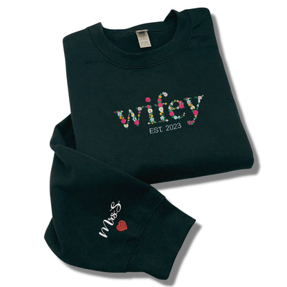 Wifey Sweatshirt, Custom Floral Wifey Sweater Est 2024 Embroidered with Initial Heart Sleeve