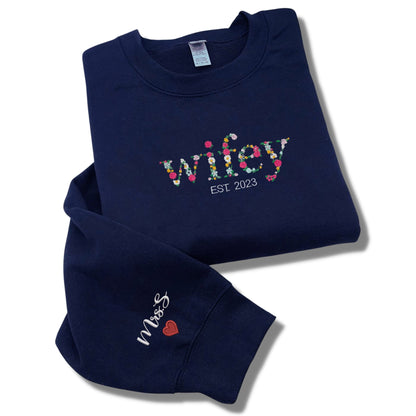 Wifey Sweatshirt, Custom Floral Wifey Sweater Est 2024 Embroidered with Initial Heart Sleeve