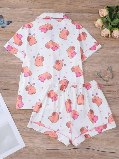 Women's All Over Cartoon  Print Top & Elastic Waist Shorts Pajama Two-piece Set, Casual Comfy Short Sleeve Top & Shorts Pajamas Set, Ladies Sleepwear for All Seasons