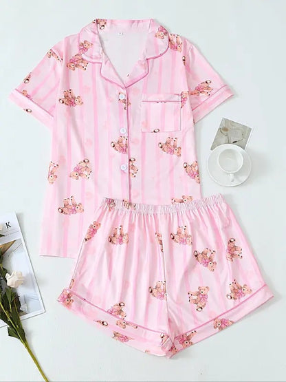 Women's All Over Print Shortsleeve Shirt & Elastic Waist Shorts Pajama Set, Casual Comfy Short Sleeve Top & Shorts Set, Ladies Sleepwear for Summer, Loungewear, Womenswear