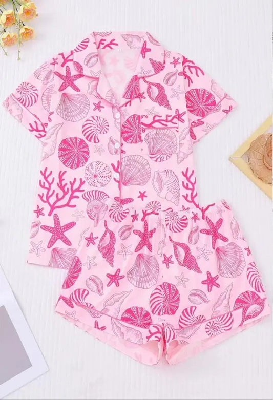 Women's All Over Shell Print Short Sleeve Pajama Two-piece Set, Elegant Casual Comfy Button Front Lapel Neck Top & Shorts Set, Ladies Sleepwear for All Seasons1