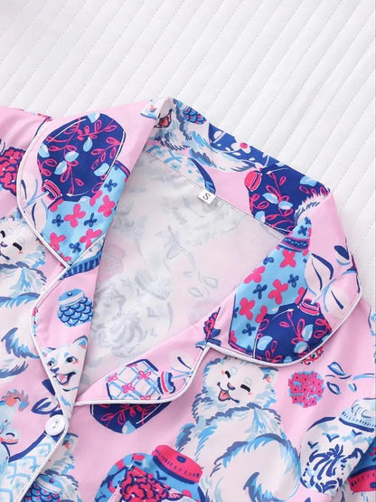Women's Cartoon Cat Print Lapel Neck Short Sleeve Shirt & Elastic Waist Shorts Pajama Two-Piece Set, Casual Comfy Button Front Chest Pocket Design Top & Shorts PJ Set, Ladies Sleepwear for All Seasons