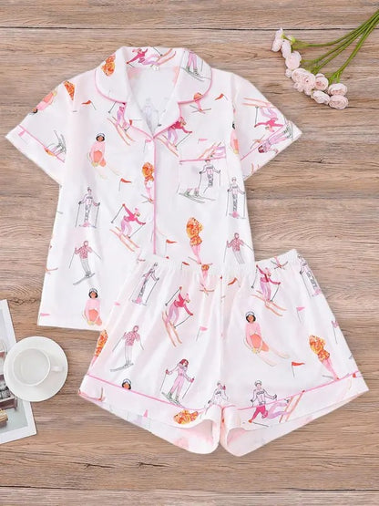 Women's Cartoon  Print Shirt & Elastic Waist Shorts Pajama, Casual Comfy Short Sleeve Top & Shorts Pj Set, Ladies Sleepwear for Summer, Loungewear