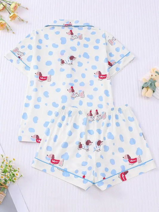 Women's Cartoon  Print Short Sleeve Top & Elastic Waist Shorts Pajama, Casual Comfy Top & Shorts Pj Set, Ladies Sleepwear for Summer, Loungewear