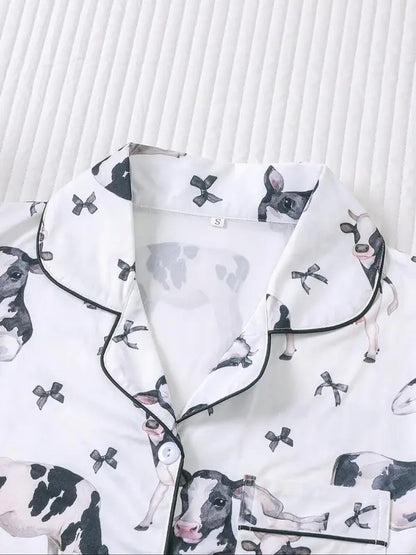 Women's Cow Print Short Sleeve Top & Elastic Waist Shorts Pajama Set, Casual Comfy 2-piece Pajama Set for Women, Women's Sleepwear for Summer, Pjs, Womenswear