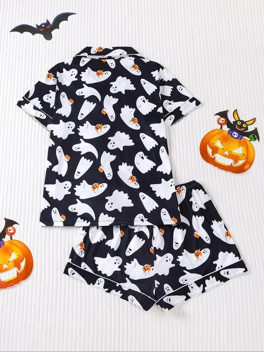 Women's Ghost Print Shirt & Elastic Waist Shorts Pajama, Casual Comfy Short Sleeve Top & Shorts Pajama Set, Ladies Sleepwear for All Seasons, Loungewear