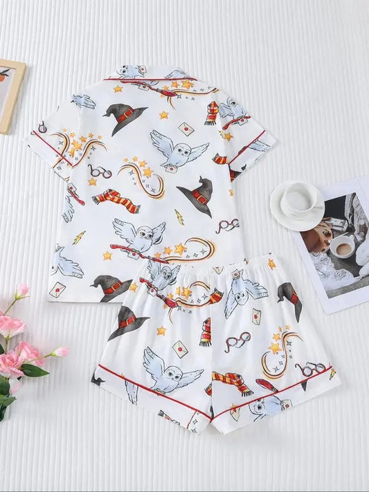 Women's Owl Print Short Sleeve Top & Elastic Waist Shorts Pyjama, Casual Comfy T-shirt & Shorts Pajama Set, Ladies Sleepwear for Summer, Loungewear, Womenswear, Pajama Set
