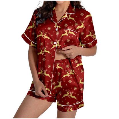 Womens Pajama Sets Ladies Christmas Reindeer Print Silk Satin Short Sleeved Button Up Set Wine Women's Sleepwear L