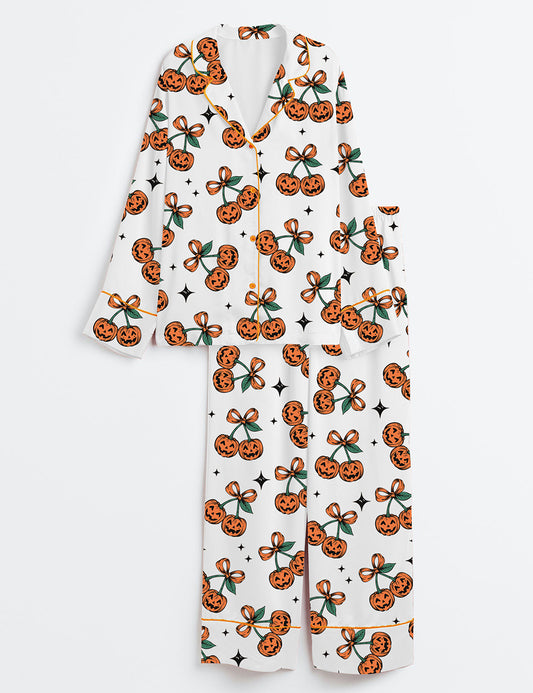 Women’s Pumpkin Cherries Coquette Bow Autumn Girly Halloween Pumpkin Fall Pumpkin Long Sleeve Satin Pajama Set