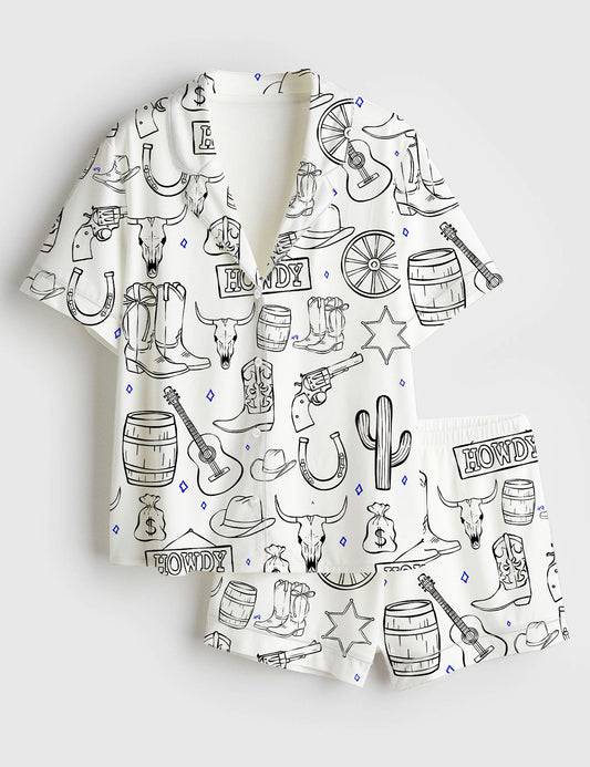 Women’s Cowboy Western Procreate Cowboy Boots Hat Skull Howdy Cowboy Hat Music Short Sleeve Satin Pajama Set