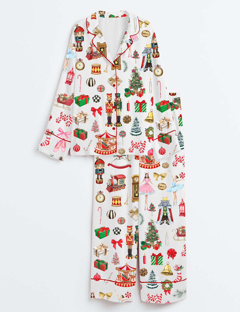 Women’s Watercolor Nutcracker Christmas Ballet Mouse King Long Sleeve Satin Pajama Set