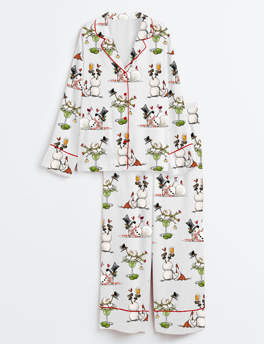 Women’s Christmas Snowman Martini Beer Wine Lovers Long Sleeve Satin Pajama Set