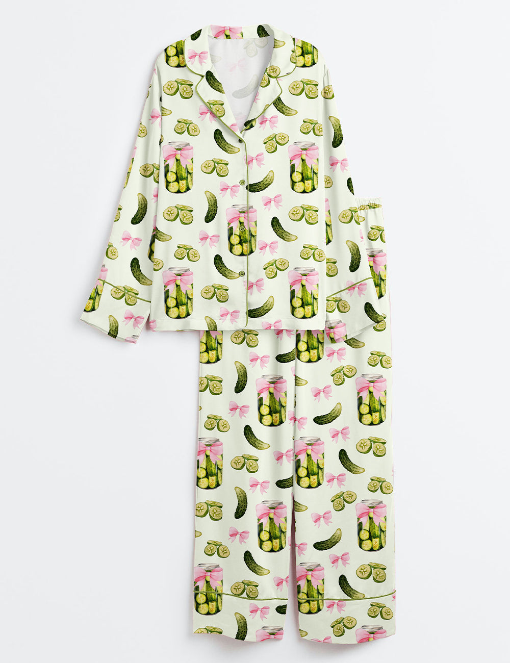 Women’s Pickles Coquette Cute Bow Pickle Jar Print Long Sleeve Satin Pajama Set