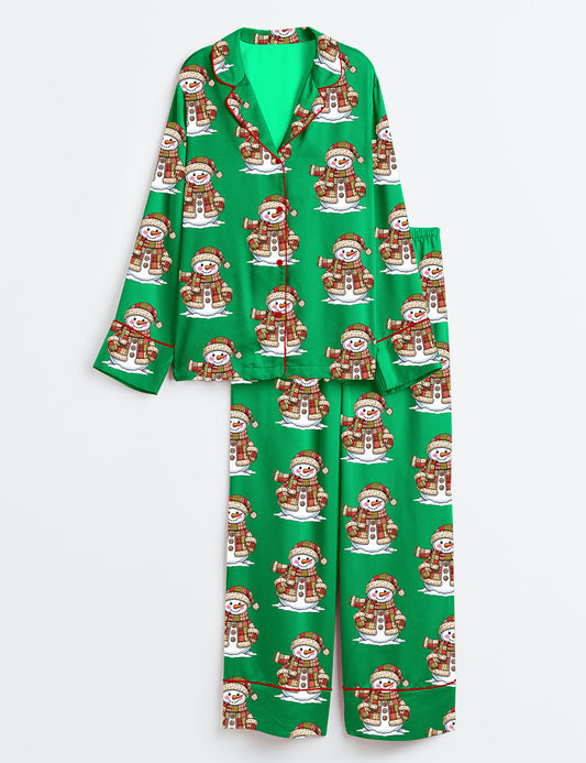 Women’s Patchwork Snowman Merry Christmas Long Sleeve Satin Pajama Set