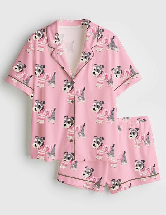 Women’s Schnauzer In Pink Clothes Breast Cancer Awareness Short Sleeve Satin Pajama Set