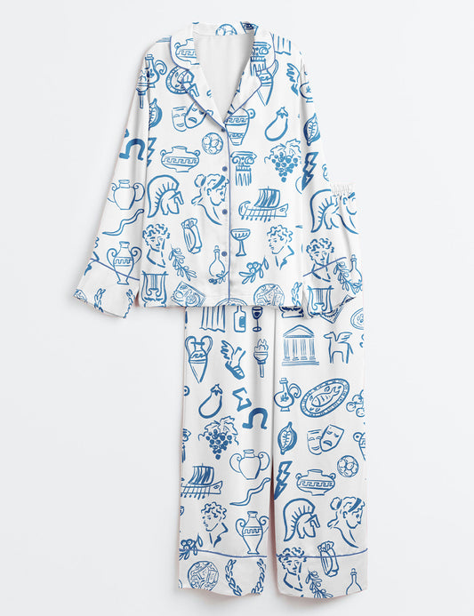 Women’s Hand Drawn Greek Food Greece Bundle Of Food Greek Wedding Long Sleeve Satin Pajama Set