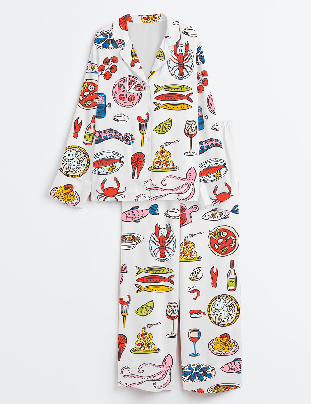 Women’s Seafood Pizza & Italian Food Mediterranean Dinner Long Sleeve Satin Pajama Set