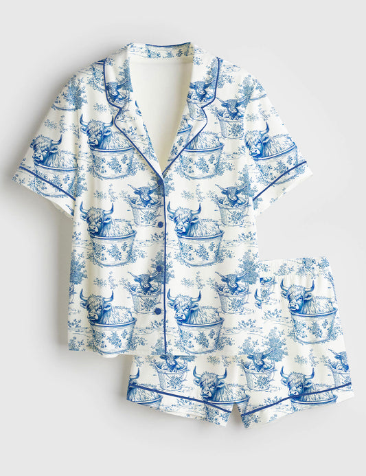 Women’s Highland Cows In Buckets Short Sleeve Satin Pajama Set