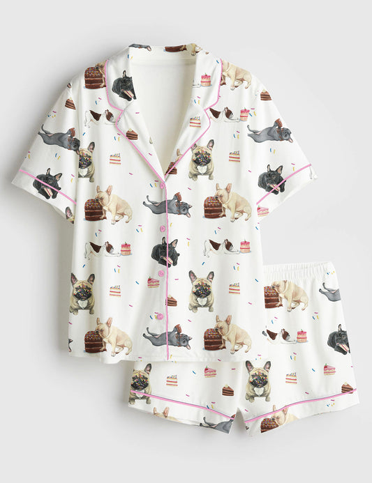 Women’s French Bulldog Birthday Gift Birthday Cake Cute French Bulldog Print Short Sleeve Satin Pajama Set